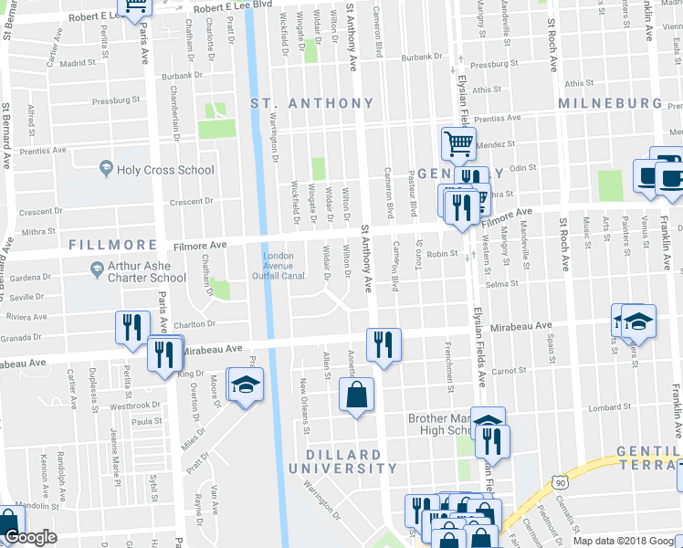 map of restaurants, bars, coffee shops, grocery stores, and more near 5160 Wilton Drive in New Orleans