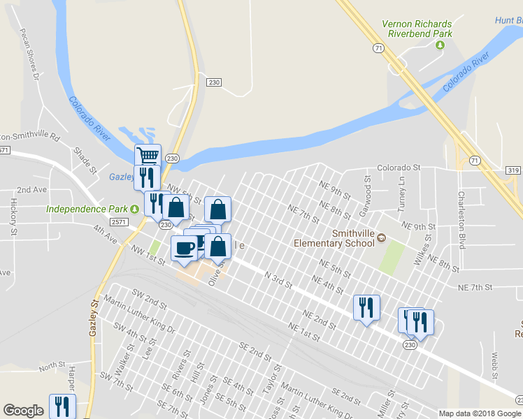 map of restaurants, bars, coffee shops, grocery stores, and more near 601 Gresham Street in Smithville