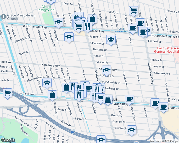 map of restaurants, bars, coffee shops, grocery stores, and more near 5028 Kawanee Avenue in Metairie