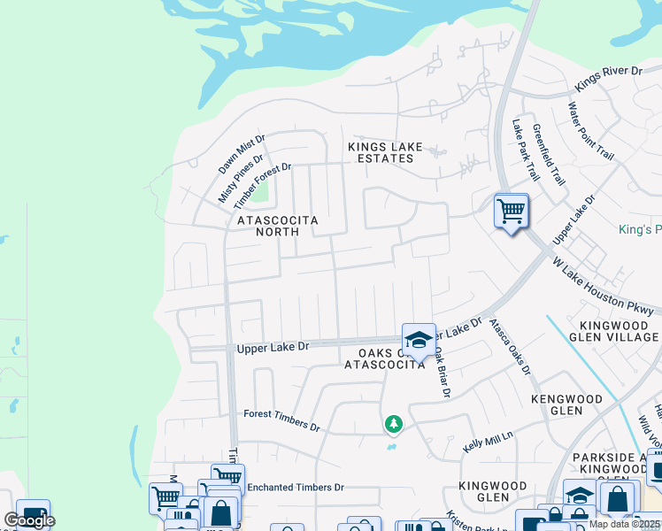 map of restaurants, bars, coffee shops, grocery stores, and more near 5603 Deer Timbers Trail in Humble