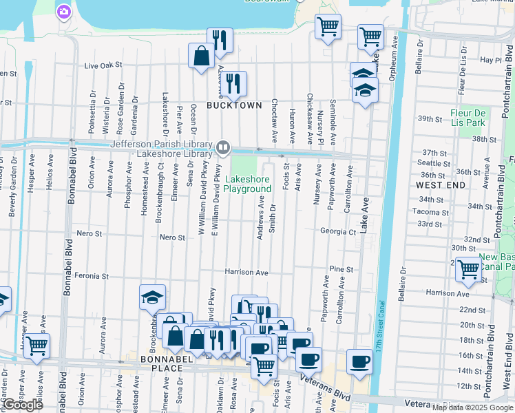 map of restaurants, bars, coffee shops, grocery stores, and more near 1016 Andrews Avenue in Metairie