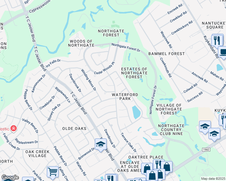 map of restaurants, bars, coffee shops, grocery stores, and more near 15419 Terrace Oaks Drive in Houston