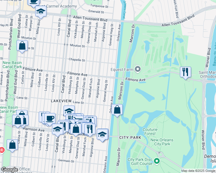 map of restaurants, bars, coffee shops, grocery stores, and more near 6629 General Haig Street in New Orleans
