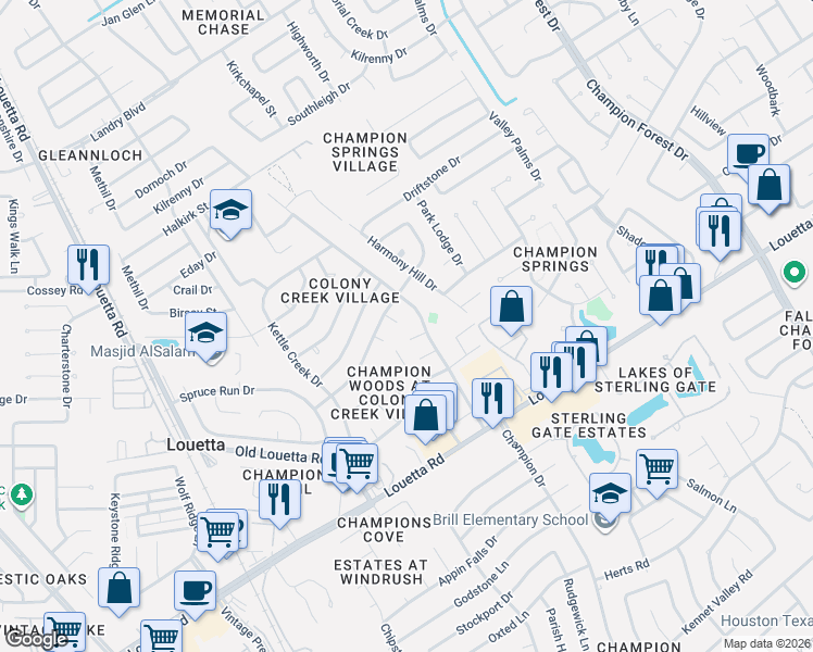 map of restaurants, bars, coffee shops, grocery stores, and more near 17107 Walford Drive in Spring