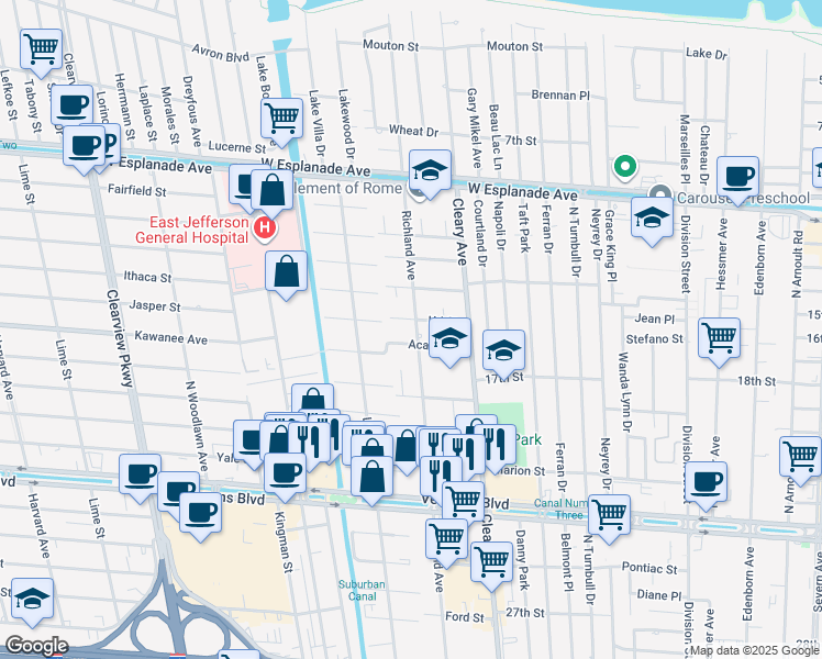map of restaurants, bars, coffee shops, grocery stores, and more near 3908 Richland Avenue in Metairie