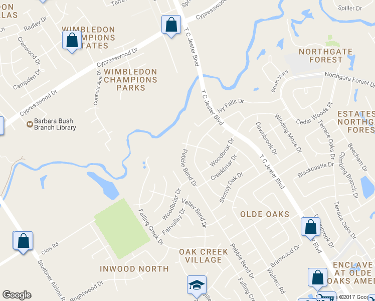 map of restaurants, bars, coffee shops, grocery stores, and more near 15918 Pebble Bend Dr in Houston