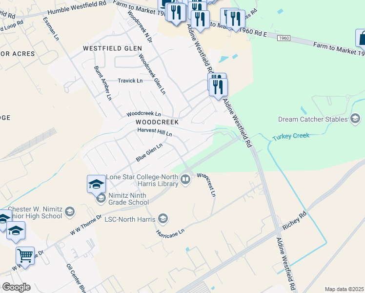 map of restaurants, bars, coffee shops, grocery stores, and more near 20611 Harvest Hill Lane in Houston