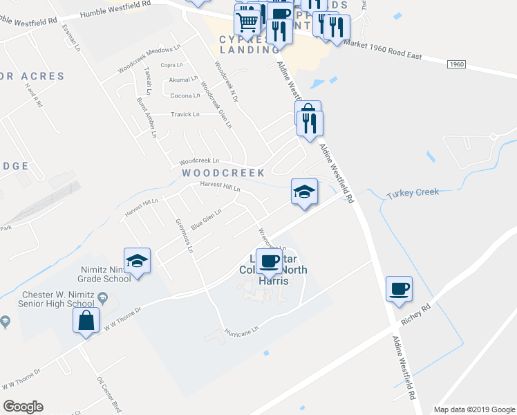 map of restaurants, bars, coffee shops, grocery stores, and more near 20611 Harvest Hill Lane in Houston