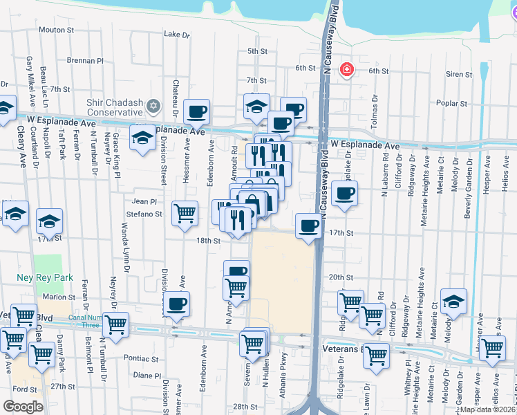 map of restaurants, bars, coffee shops, grocery stores, and more near 3351 Severn Avenue in Metairie