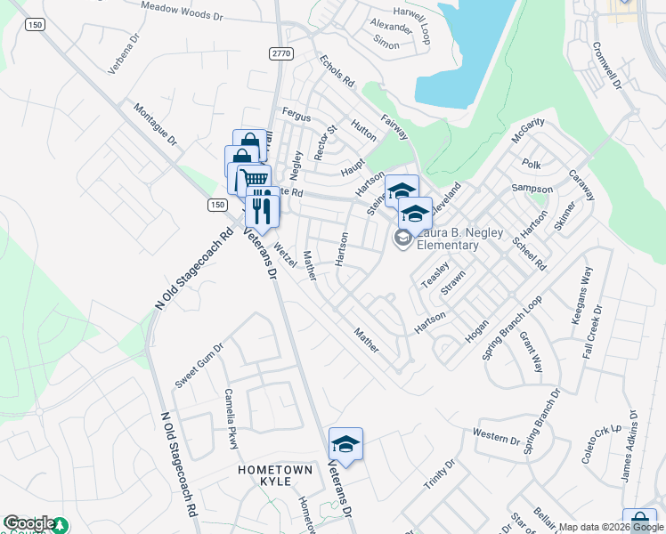 map of restaurants, bars, coffee shops, grocery stores, and more near 212 Wetzel in Kyle