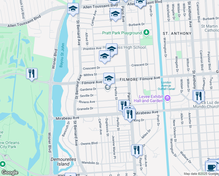 map of restaurants, bars, coffee shops, grocery stores, and more near 1456 Gardena Drive in New Orleans
