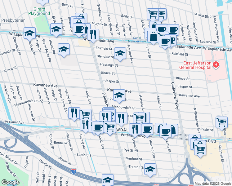 map of restaurants, bars, coffee shops, grocery stores, and more near 4928 Kawanee Avenue in Metairie