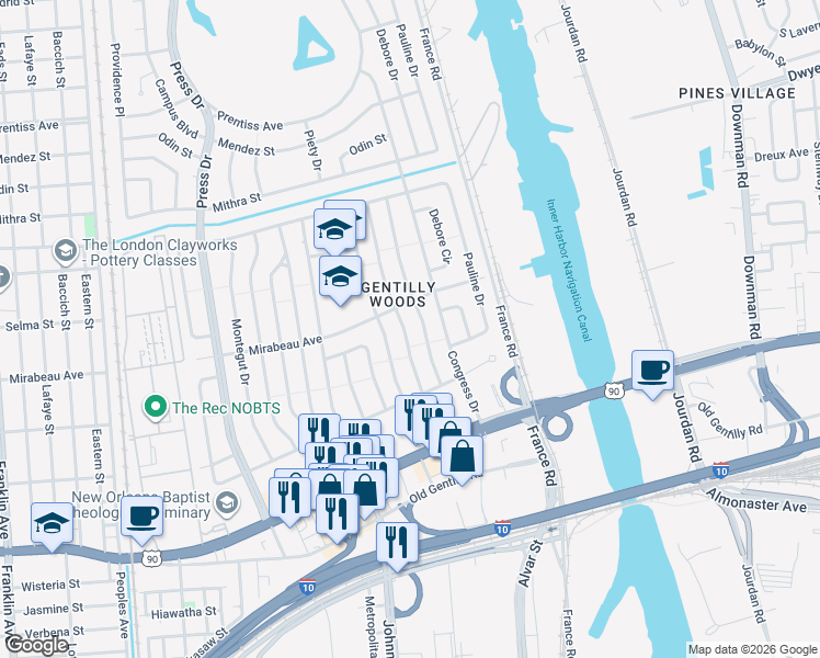 map of restaurants, bars, coffee shops, grocery stores, and more near 4827 Desire Drive in New Orleans