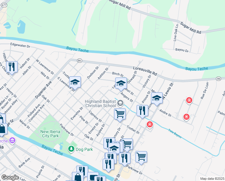 map of restaurants, bars, coffee shops, grocery stores, and more near 706 Leroy Street in New Iberia