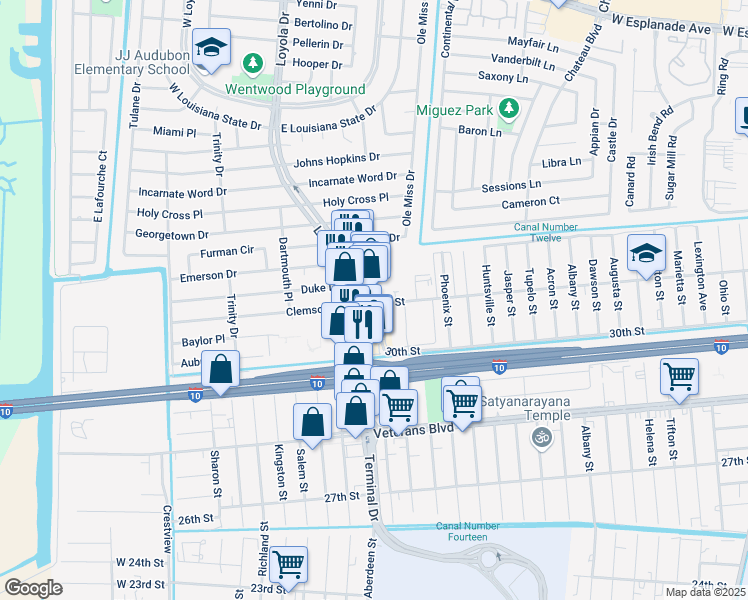map of restaurants, bars, coffee shops, grocery stores, and more near 3100 Loyola Drive in Kenner