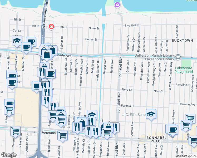 map of restaurants, bars, coffee shops, grocery stores, and more near 1129 Beverly Garden Drive in Metairie