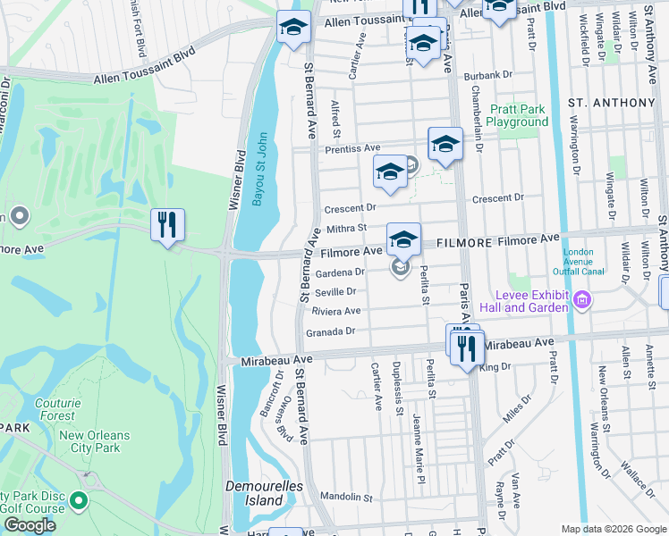 map of restaurants, bars, coffee shops, grocery stores, and more near 1301 Gardena Drive in New Orleans