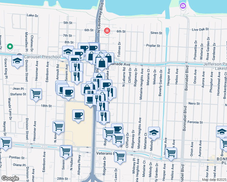 map of restaurants, bars, coffee shops, grocery stores, and more near 3349 Ridgelake Drive in Metairie