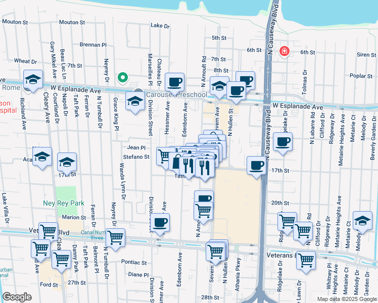 map of restaurants, bars, coffee shops, grocery stores, and more near 3336 Edenborn Avenue in Metairie