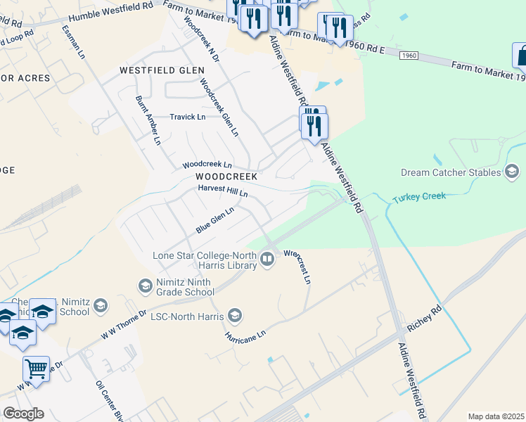 map of restaurants, bars, coffee shops, grocery stores, and more near 20611 Harvest Hill Lane in Houston