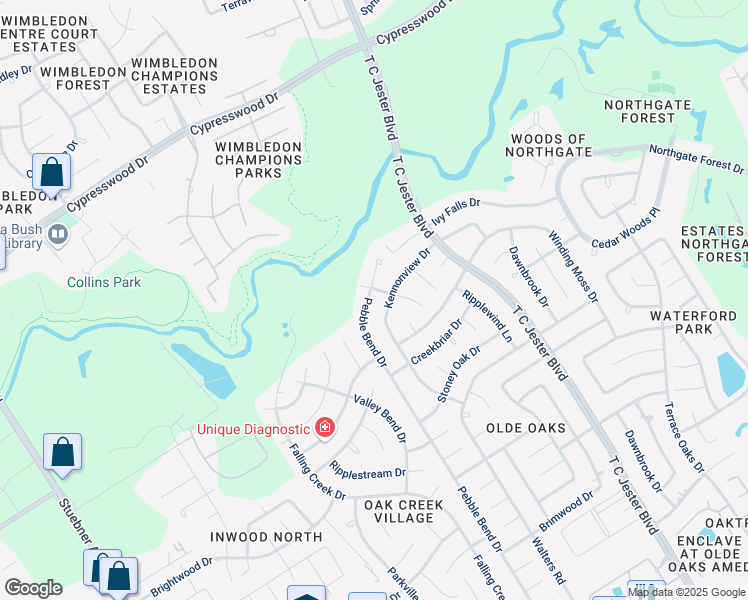 map of restaurants, bars, coffee shops, grocery stores, and more near 15918 Pebble Bend Drive in Houston