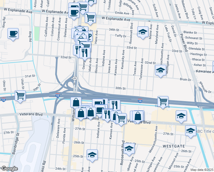map of restaurants, bars, coffee shops, grocery stores, and more near 3001 Iowa Avenue in Kenner