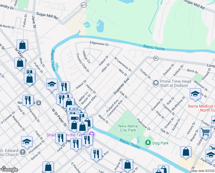 map of restaurants, bars, coffee shops, grocery stores, and more near 225 Hortense Street in New Iberia