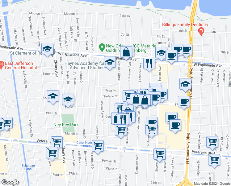 map of restaurants, bars, coffee shops, grocery stores, and more near 3710 Jean Place in Metairie