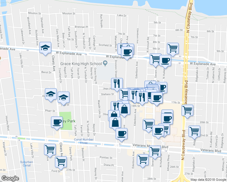 map of restaurants, bars, coffee shops, grocery stores, and more near 3718 Jean Place in Metairie