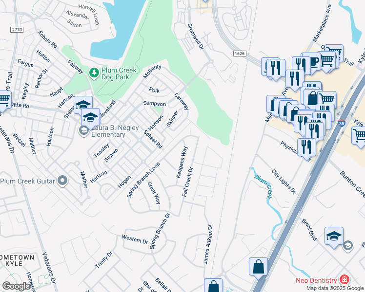 map of restaurants, bars, coffee shops, grocery stores, and more near 169 Keegans Way in Kyle