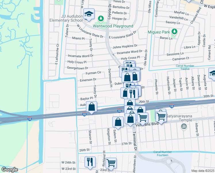 map of restaurants, bars, coffee shops, grocery stores, and more near 243 Duke Drive in Kenner
