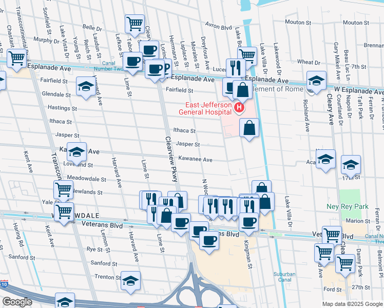 map of restaurants, bars, coffee shops, grocery stores, and more near 3808 North Woodlawn Avenue in Metairie
