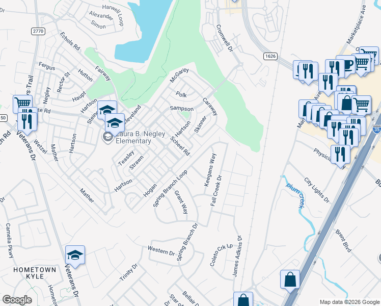 map of restaurants, bars, coffee shops, grocery stores, and more near 516 Hogan in Kyle