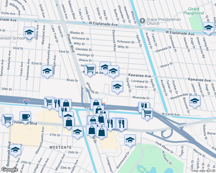 map of restaurants, bars, coffee shops, grocery stores, and more near 22 Nouveau Lane West in Metairie