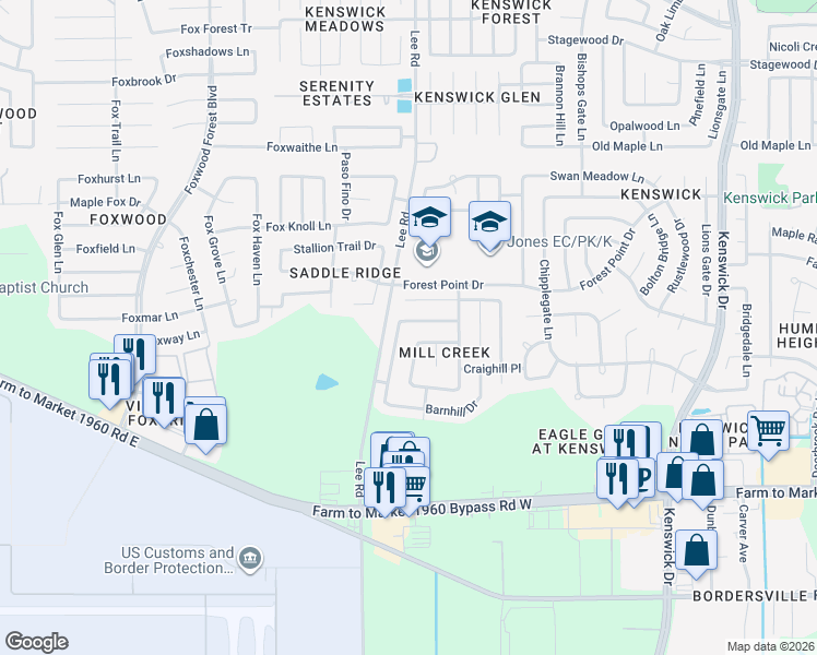 map of restaurants, bars, coffee shops, grocery stores, and more near 7814 Bluff Trail Drive in Humble