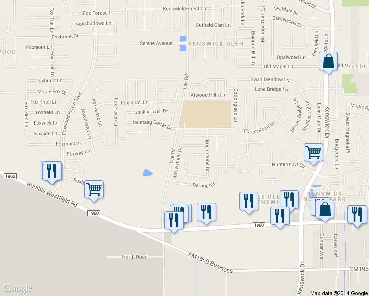 map of restaurants, bars, coffee shops, grocery stores, and more near 7814 Bluff Trail Drive in Humble