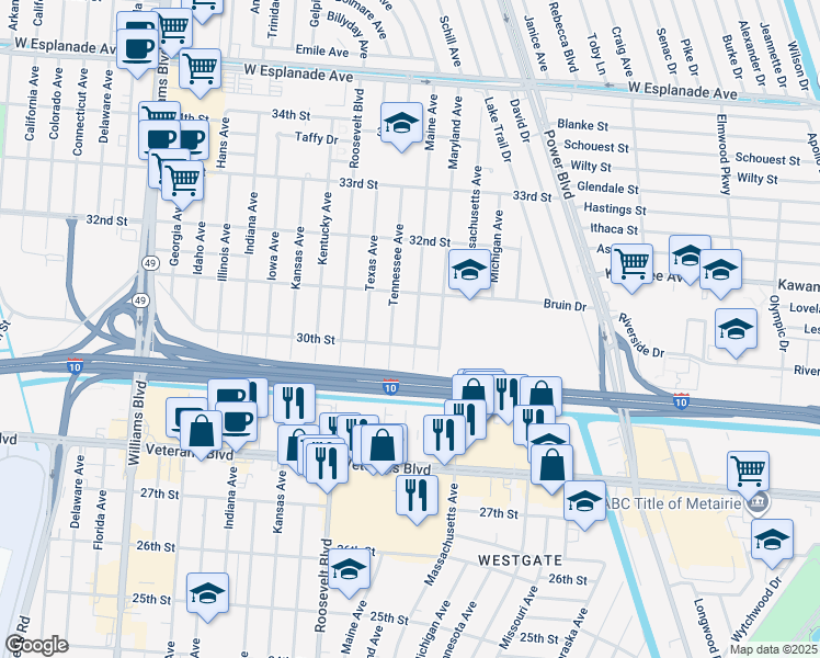 map of restaurants, bars, coffee shops, grocery stores, and more near 3013 Maine Avenue in Kenner