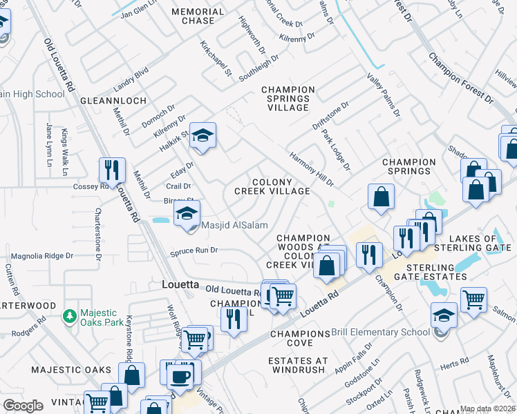 map of restaurants, bars, coffee shops, grocery stores, and more near 9323 Towerstone Drive in Spring