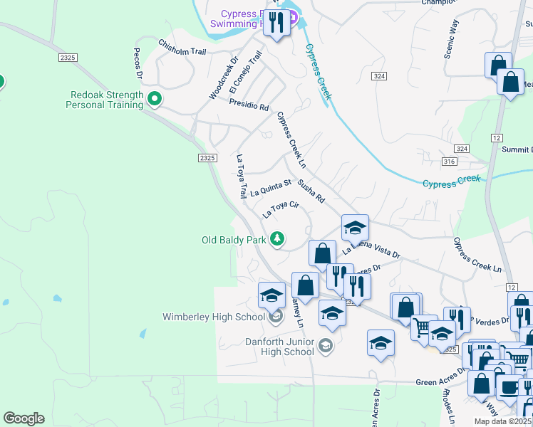 map of restaurants, bars, coffee shops, grocery stores, and more near 58 La Toya Circle in Wimberley