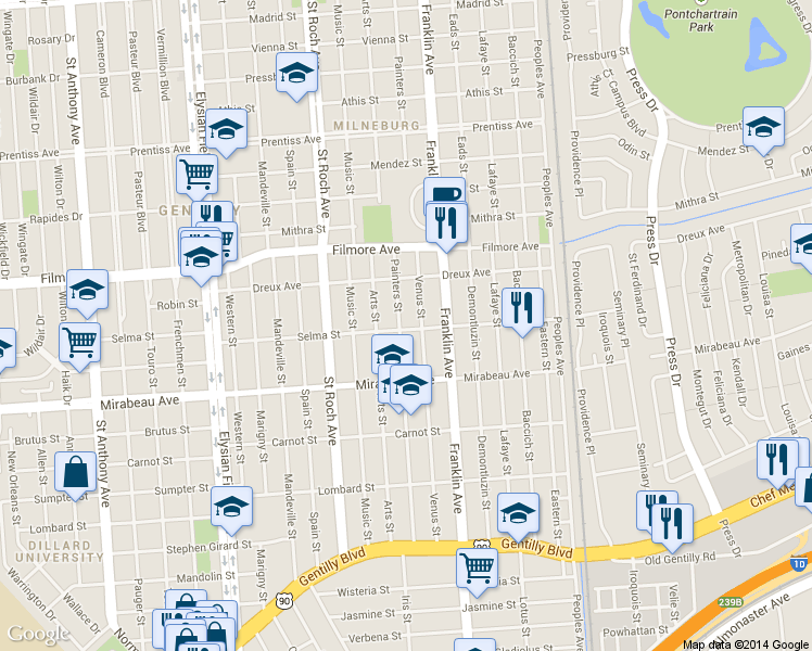 map of restaurants, bars, coffee shops, grocery stores, and more near 5101 Painters Street in New Orleans
