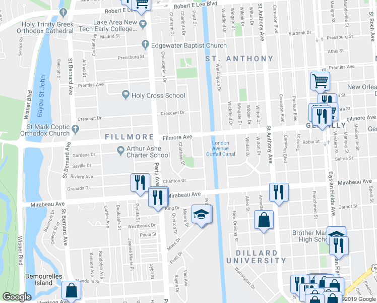 map of restaurants, bars, coffee shops, grocery stores, and more near 16 Charlotte Drive in New Orleans
