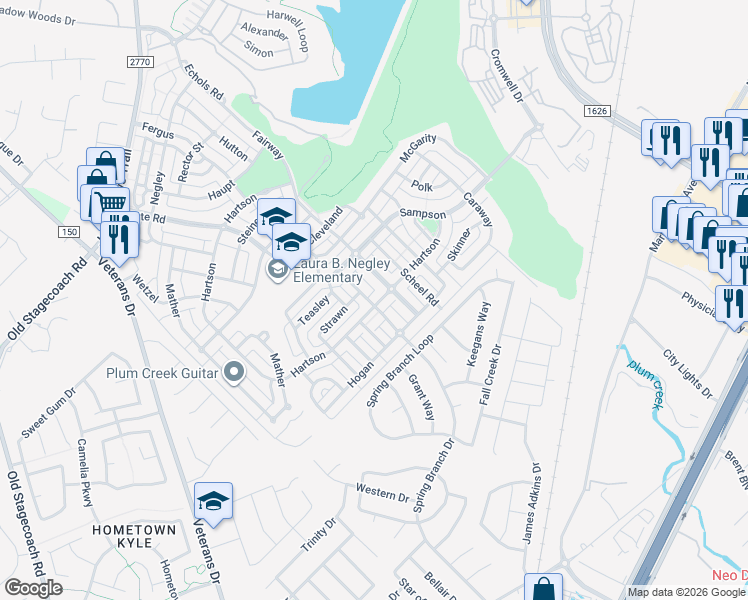 map of restaurants, bars, coffee shops, grocery stores, and more near 5162 Hartson in Kyle