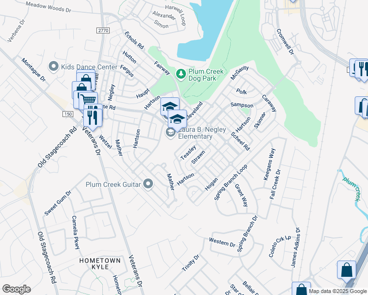 map of restaurants, bars, coffee shops, grocery stores, and more near 298 Sampson in Kyle