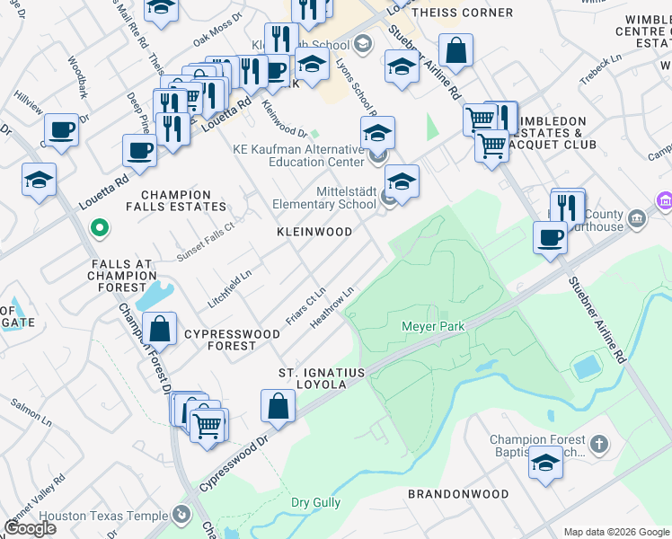 map of restaurants, bars, coffee shops, grocery stores, and more near 7710 Friars Court Lane in Spring