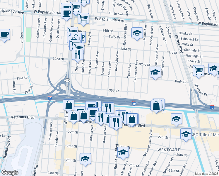 map of restaurants, bars, coffee shops, grocery stores, and more near 3004 Kansas Avenue in Kenner