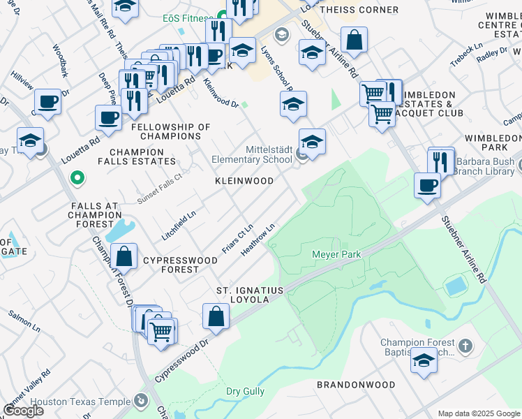 map of restaurants, bars, coffee shops, grocery stores, and more near 7710 Friars Court Lane in Spring