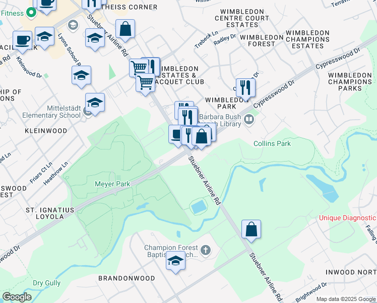 map of restaurants, bars, coffee shops, grocery stores, and more near Cypresswood Dr & Stuebner Airline Rd in Spring