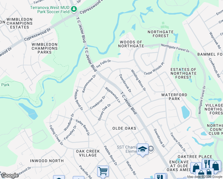 map of restaurants, bars, coffee shops, grocery stores, and more near 15626 Ripplewind Lane in Houston