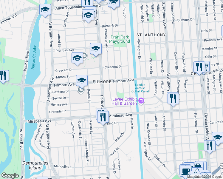 map of restaurants, bars, coffee shops, grocery stores, and more near 5223 Chamberlain Drive in New Orleans