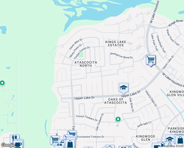 map of restaurants, bars, coffee shops, grocery stores, and more near 5523 Deer Timbers Trail in Humble